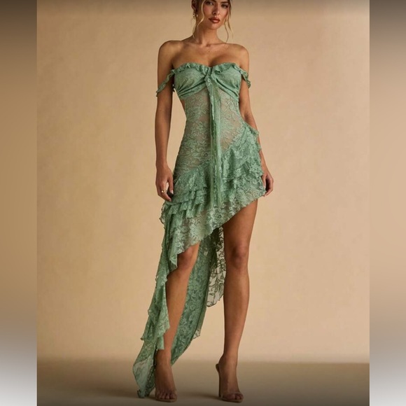 Luxe lace off shoulder open back slit thigh dress - Picture 8 of 9